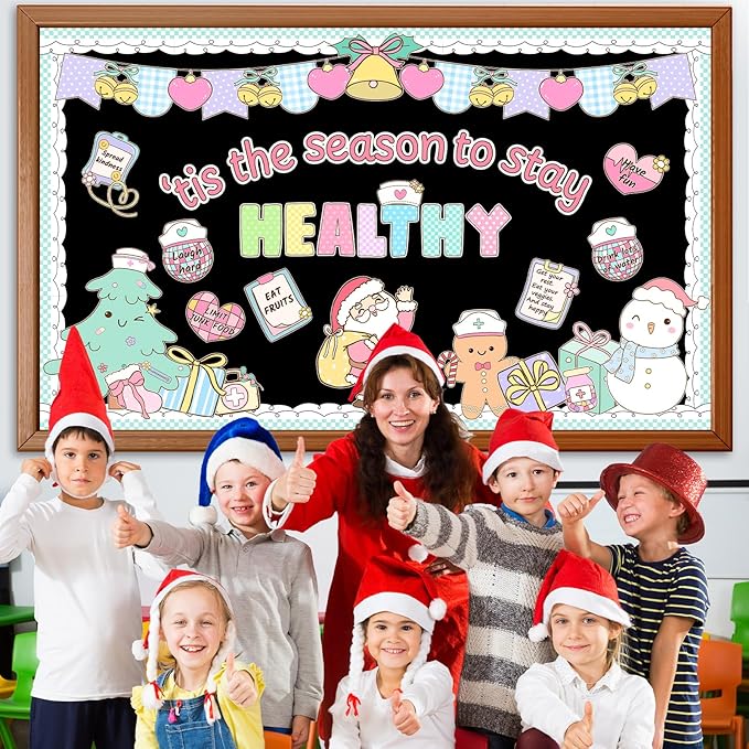 Christmas Health Bulletin Board Decorations Set Xmas Pastel Healthy Habits Poster Christmas Tree Snowman Santa Cutouts for Classroom School Home Chalkboard Wall Winter Holiday Party Decor Supplies