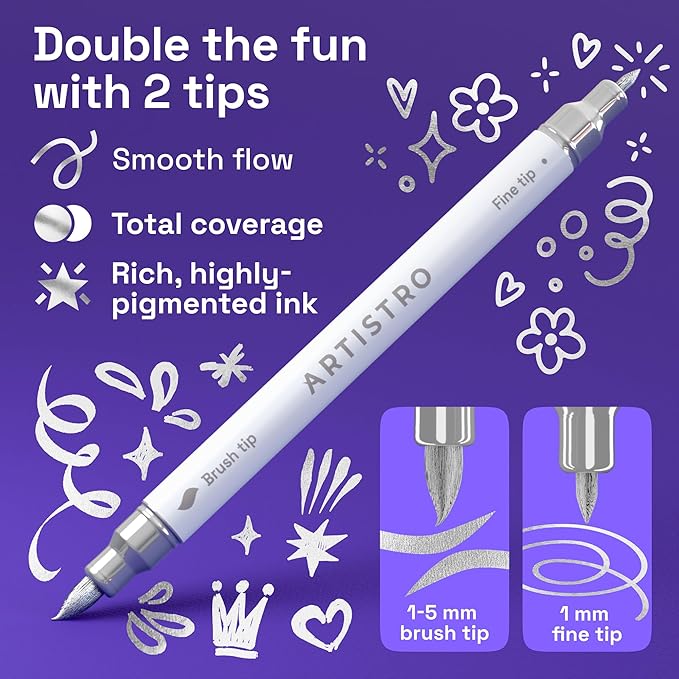 ARTISTRO 5 Silver Acrylic Paint Markers - Paint Pens for Calligraphy, Brush + Fine Tips - For Fabric, Rock, Glass, Wood, DIY, Craft, Canvas - Art and Craft Supplies for Adults, Teens, Kids