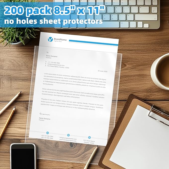 200 Pack No Holes Sheet Protectors, 8.5" x 11", Letter Size Heavy Duty Clear View Page Sleeves Protectors, Clear Paper Document Artwork Protectors