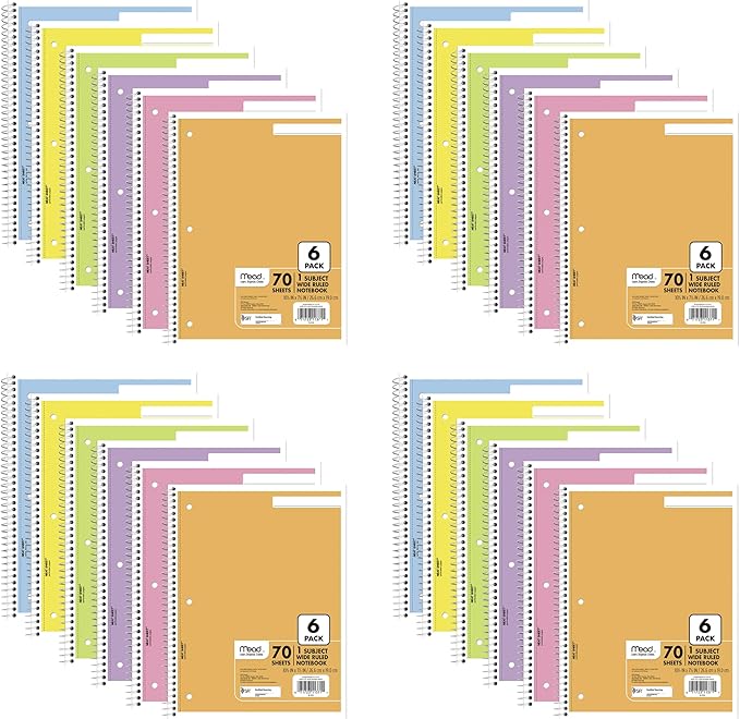 Mead Spiral Notebook,1 Subject,Wide Ruled Paper,7-1/2" x 10-1/2",70 Sheets per Notebook,Assorted Pastel Colors (930050-ECM),(Pack of 24)
