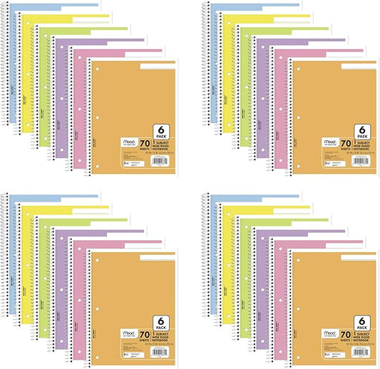 Mead Spiral Notebook,1 Subject,Wide Ruled Paper,7-1/2" x 10-1/2",70 Sheets per Notebook,Assorted Pastel Colors (930050-ECM),(Pack of 24)
