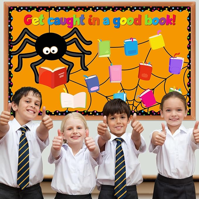 Pasimy Halloween Reading Bulletin Board Decorations Book Classroom Decor Library Bulletin Board Set Spider Paper Cutouts Border for Halloween Fall Holiday Office Home Wall Door Craft Supplies
