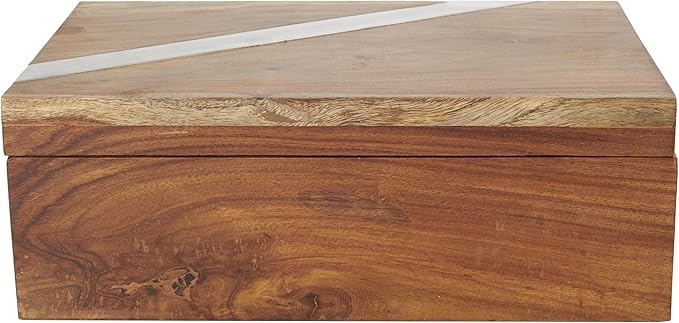 Deco 79 Mango Wood Decorative Box Decorative Keepsake Boxes with Silver Diagonal Stripes, Set of 2 Storage Boxes, Brown