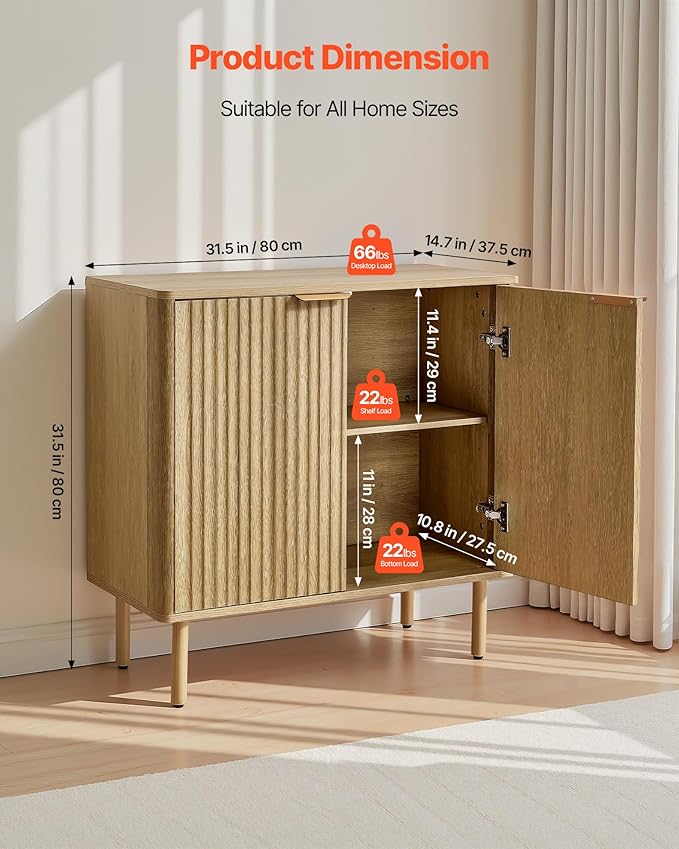 VEVOR Buffet Cabinet, Sideboard Cabinet with 2-Tier Storage, Coffee Bar Cabinet with Adjustable Shelves, Fluted Sideboard Buffet for Hallway, Entryway, Living Room, or Kitchen, Oak(2pcs)