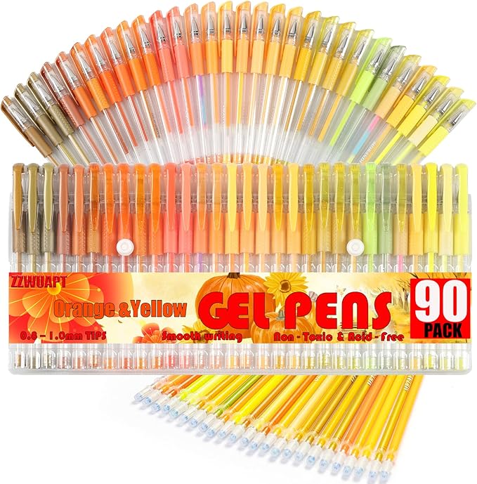 90 Pack Yellow Orange Tone Gel Pens, 30 Yellow Orange Gel Pens with 60 Refills,40% More Ink Gel Pen Set for Adults Coloring Drawing Doodling Scrapbook Journaling