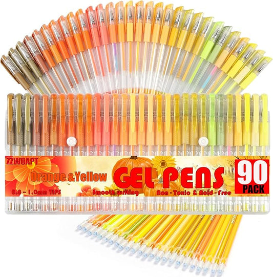 90 Pack Yellow Orange Tone Gel Pens, 30 Yellow Orange Gel Pens with 60 Refills,40% More Ink Gel Pen Set for Adults Coloring Drawing Doodling Scrapbook Journaling