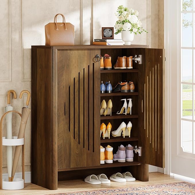 Tribesigns Shoe Cabinet with Doors, 5-Tier Shoe Storage Rack Organizer for Entryway, Living Room, Bedroom, Closet, Rustic Brown