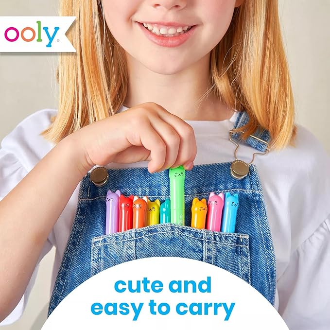Ooly Cat Parade Gel Crayons for Kids and Adults - Set of 12 Rainbow Color Crayons for Glass and Paper Surfaces with Cat-Shaped, Twist-Up Caps - Smooth Gliding Gel Crayon Set