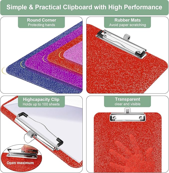1 Pcs Clear Glitter Clipboards, Plastic Clipboard with Pen Holder,Size 8.85 x 12.4 in Shiny Clipboards with Low Profile Clip,Cute Hanging Clipboard for Office Supplies Sparkly Clip Board-Tangerine
