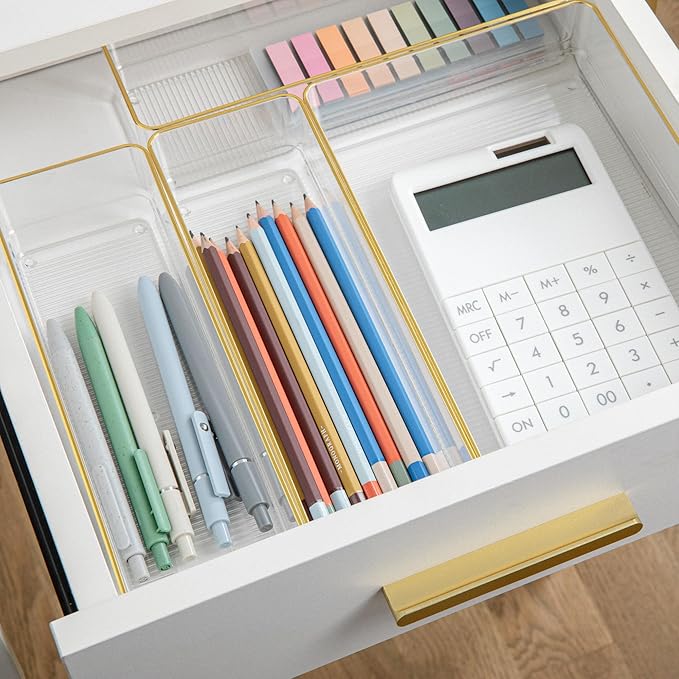 Martha Stewart Kerry Plastic Stackable Office Desk Drawer Organizers, Set of 5, with Gold Trim