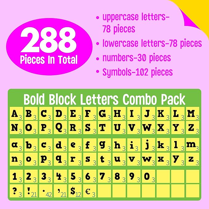 288 PCS Alphabet Combo Set, Large Size Letters Uppercase/Lowercase Letters, Numbers & Punctuation, Accents Cutouts for Classroom Home School Room Chalkboard Bulletin Board
