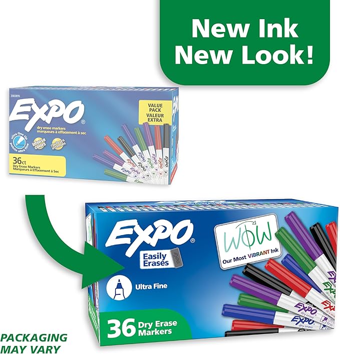 EXPO Dry Erase Markers,Low Odor Ink,Assorted Colors,Ultra Fine Tip,- For Whiteboards,Home,Office Essentials,School,Teacher Supplies,36 Count (Pack of 6)