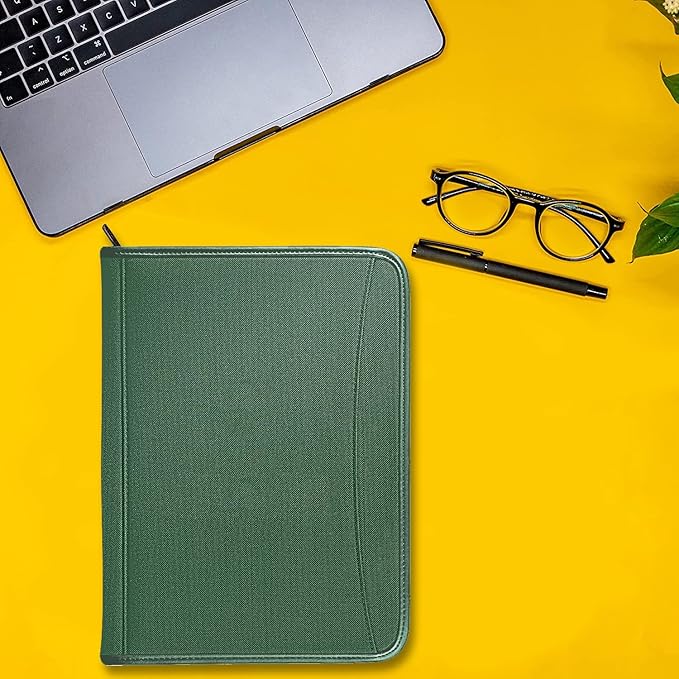 Zippered Portfolio Organizer/ A4 Refillable Lined Writing Notepad Folder Case/Fabric-Covered Padfolio Binder with Interior Storage Pocket for Men Women.Green