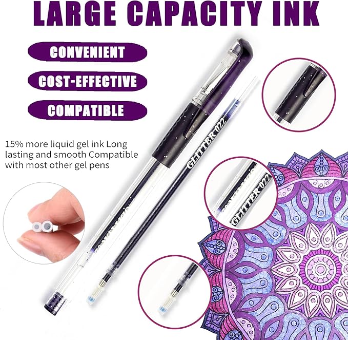 Purple Gel Pens,Colored Gel Pens Set including 12 Color Gel Pen with 24 Refills,40% More Ink Colored Gel Pens for Adult Drawing, Doodling, Scrapbook, Journaling