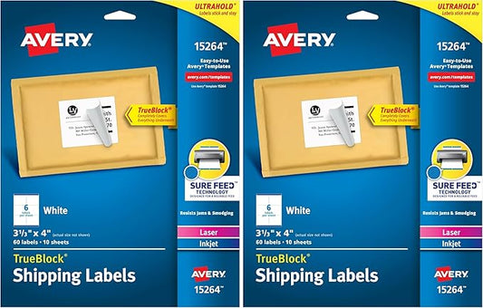 Avery Printable Shipping Labels with Sure Feed, 3-1/3" x 4", White, 60 Blank Mailing Labels (15264) (Pack of 2)