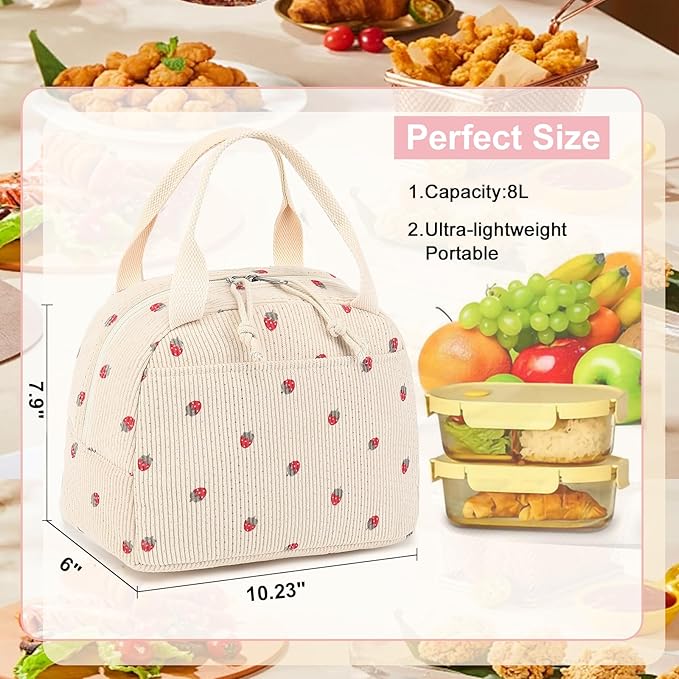 LEDAOU Lunch Box for Women Insulated Lunch Bag Corduroy Lunch Tote Bags Leakproof Cooler Lunchbox for Travel Work Picnic
