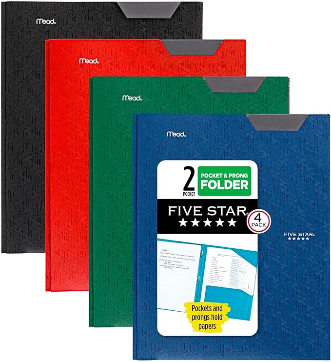 Five Star 2-Pocket Folder,Plastic Folder with Stay-Put Tabs and Prong Fasteners,Holds 8-1/2" x 11" Paper,Black,Fire Red,Forest Green,Pacific Blue (38048),(Pack of 24)