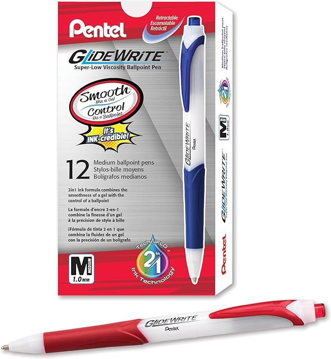 Pentel GlideWrite Ballpoint Pen with TechniFlo Ink, (1.0mm) Medium Line, Red, Box of 12 (BX910-B)