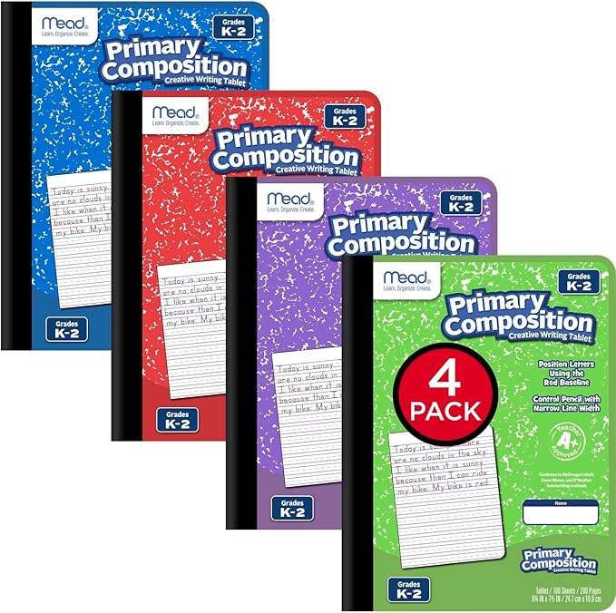 Mead Primary Composition Book, 4 Pack, Primary Ruled Journal, Grades K-2, 7-1/2" x 9-3/4", 100 Sheets per Comp Book, Assorted Colors (610053-ECM)