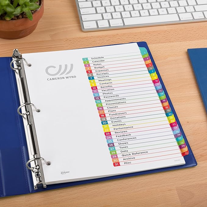 Avery 1-31 Dividers for 3 Ring Binders, 31 Tabs per Set, Customizable Table of Contents, Multicolor Arched Tabs, Great for Organizing Reports, Projects, and More (12 Sets of 11846)
