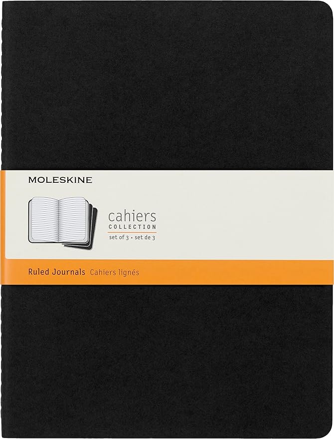 Moleskine Cahier Journals, Soft Cover, XL (7.5" x 9.5") Ruled/Lined, Black, 120 Pages (Set of 3)