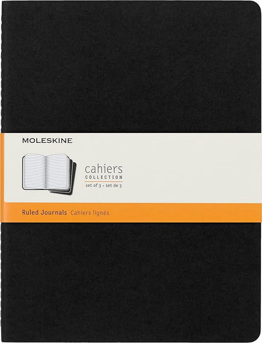Moleskine Cahier Journals, Soft Cover, XL (7.5" x 9.5") Ruled/Lined, Black, 120 Pages (Set of 3)