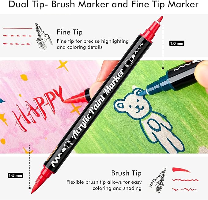 Shuttle Art 48 Colors Dual Tip Acrylic Paint Markers, Brush Tip and Fine Tip Acrylic Paint Pens for Rock, Ceramic, Wood, Canvas, Plastic, Glass, Stone, Calligraphy, Card Making, Crafts & Nail Art