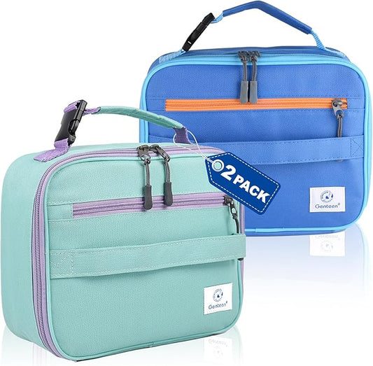 Genteen 2 Packs Insulated Soft Lunch Bag With Double Zipper - Sturdy, Freezable and Reusable for Kids, Men - For School, Work, Outdoor (Blue+Green)