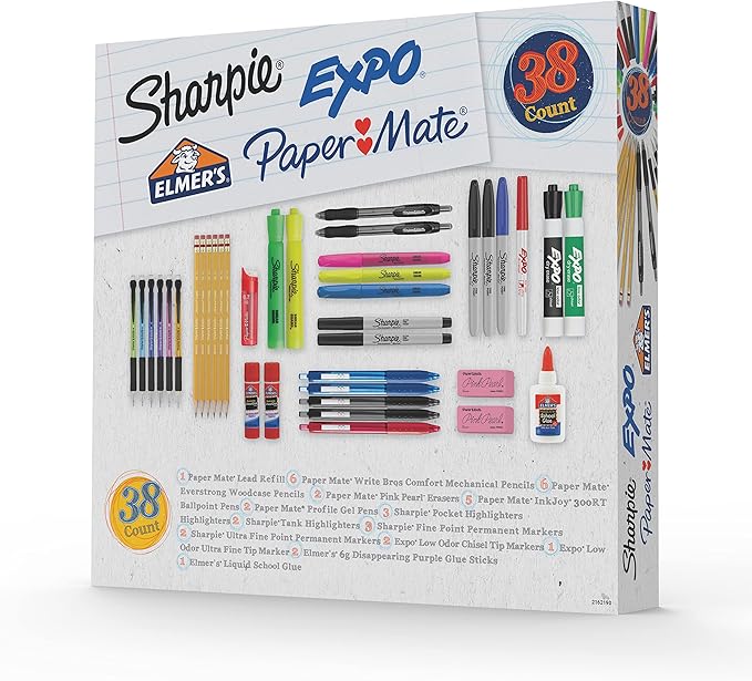 School Supplies Kit, Highlighters, Mechanical Pencils, Glue Sticks, Erasers, Permanent Markers, Gel Pens, School Glue, From Sharpie, Elmer’s, Paper Mate, & EXPO, 38 Count