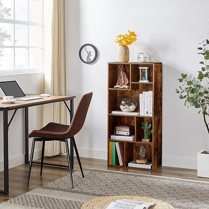 VECELO 42" Modern Bookshelf, 7 Cube Organizer Bookcase,Fits Tallest Hardcovers, Horizontal Available,Floor Standing Display,Easy Assembly,Brown