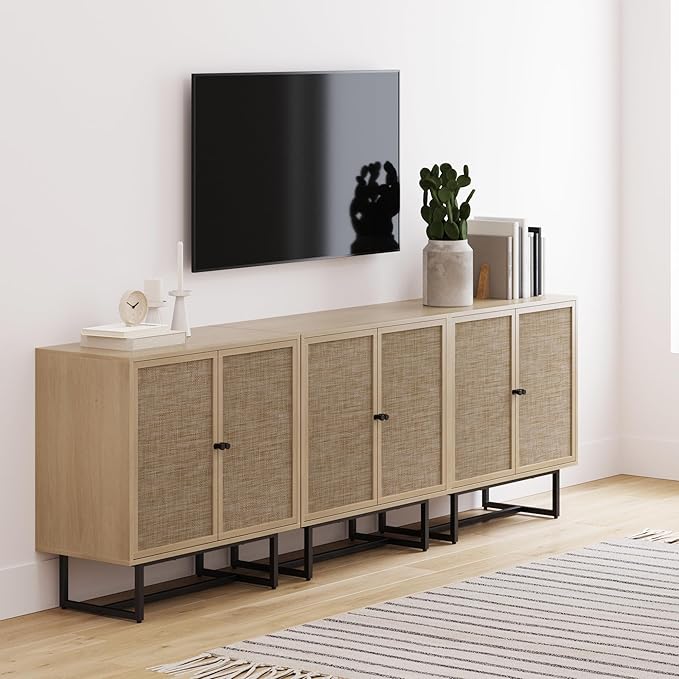Nathan James Kova Rattan Wood Accent Sideboard Storage Cabinet TV Stand with Matte Metal Frame, Adjustable Shelves and Cane Doors, for Hallway, or Living Room, Light Oak/Cane/Black, Set of 3
