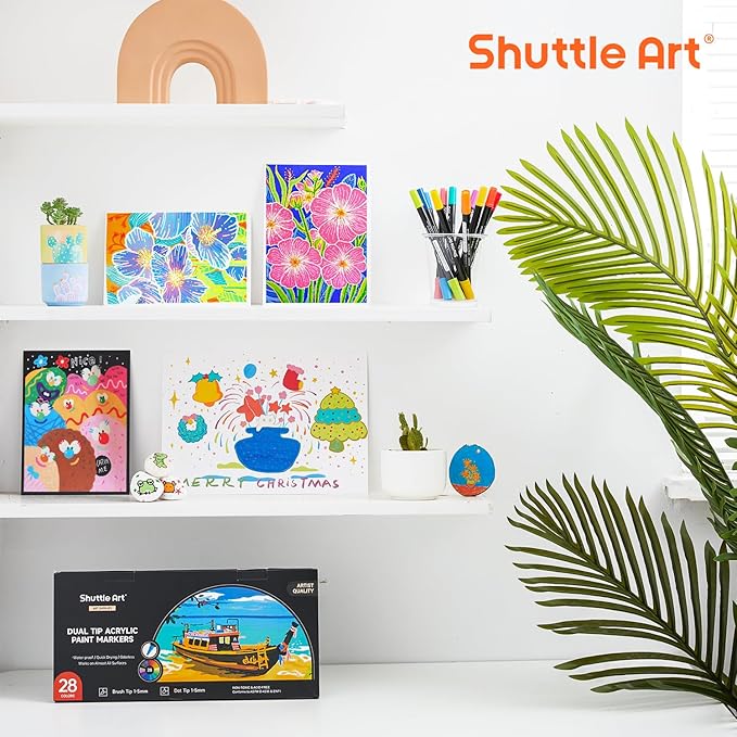 Shuttle Art 28 Colors Dual Tip Acrylic Paint Markers, Brush Tip and Dot Tip Acrylic Paint Pens for Rock, Ceramic, Wood, Canvas, Plastic, Glass, Stone, Calligraphy, Card Making, Crafts & Nail Art