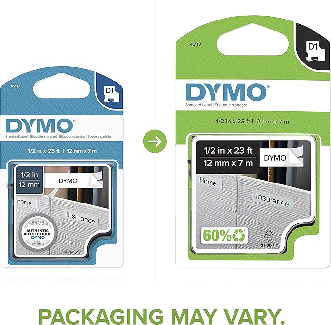 DYMO Authentic D1 Label l DYMO Labels for LabelManager, COLORPOP and LabelWriter Duo Label Makers, Great for Organization, Indoor or Outdoor Use, ½” (12mm), Black Print on White Tape, Water Resistant