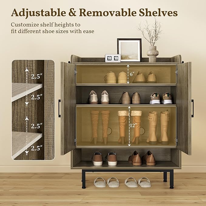 Yaheetech Shoe Storage Cabinet with Doors, Farmhouse Shoe Cabinet with 2 Adjustable Shelves and 4 Side Hooks, Wooden Shoe Rack Organizer Cabinet for Entryway, Foyer, Hallway, Washed Gray
