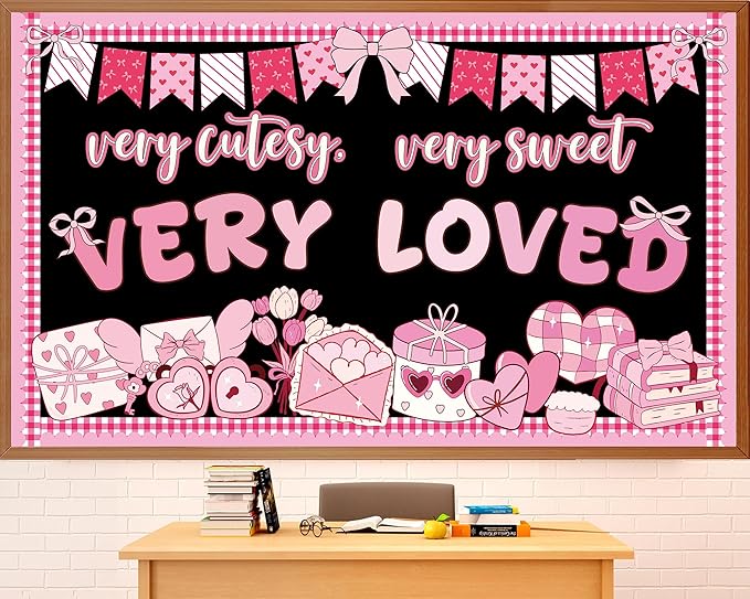party greeting Valentines Day Bulletin Board Set Valentines Pink Bow Classroom Decorations Pink Theme Very Cutesy Sweet Loved Paper Cutouts Bulletin Board for School Office Home Wall Decor Supplies