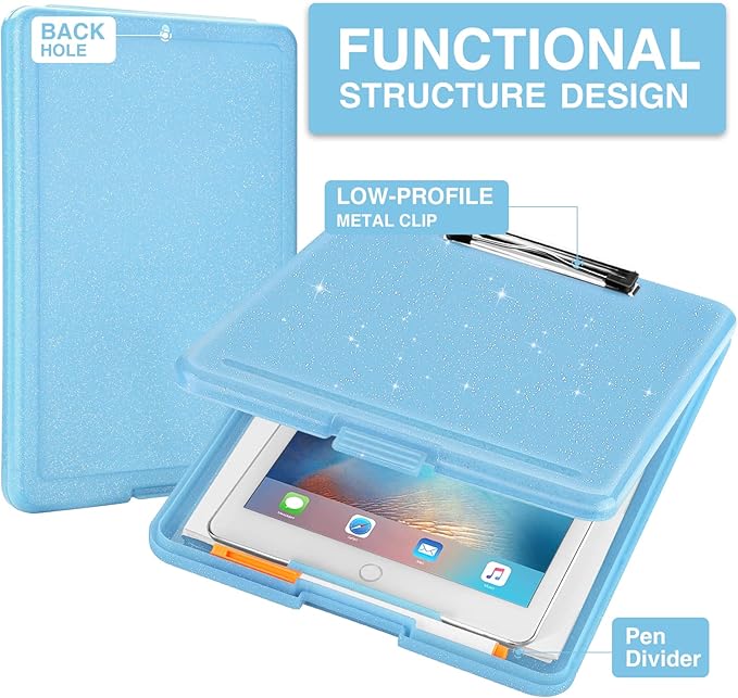 Sooez Clipboard with Storage, Plastic Storage Clipboards with Low Profile Clip, Nursing Clip Boards Foldable, Hanging Clipboard Case for Work, Teacher, Classroom Must Haves, Office School Supplies