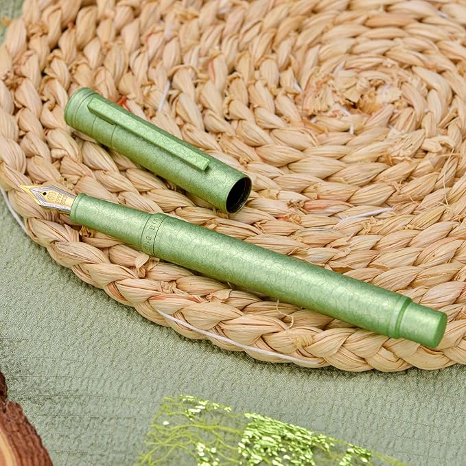 Hongdian 1851 Forest Fountain Pen Applegreen Ice Flowers, Bent Nib Classic Design with Converter and Metal Pen Case