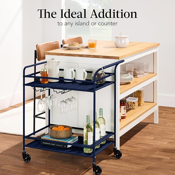 Best Choice Products Rolling Bar Cart, Mobile Home Bar Serving Cart, Serving Station w/ 2 Tier Shelves, Wine Rack, Lockable Wheels - Navy