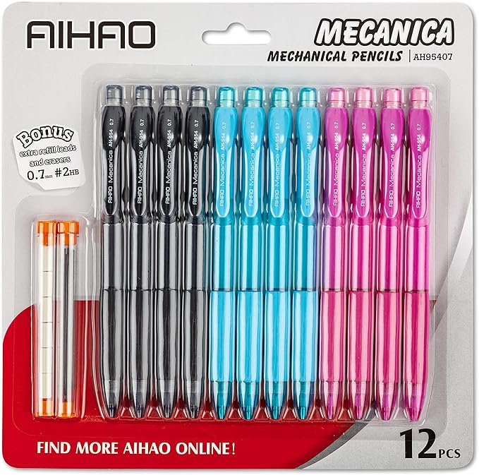 AIHAO Mechanical Pencils, 0.7mm, 12 pack with refillable Lead and Erasers, Assorted Barrel Colors, for School, Office Writing, Drawing, Sketching
