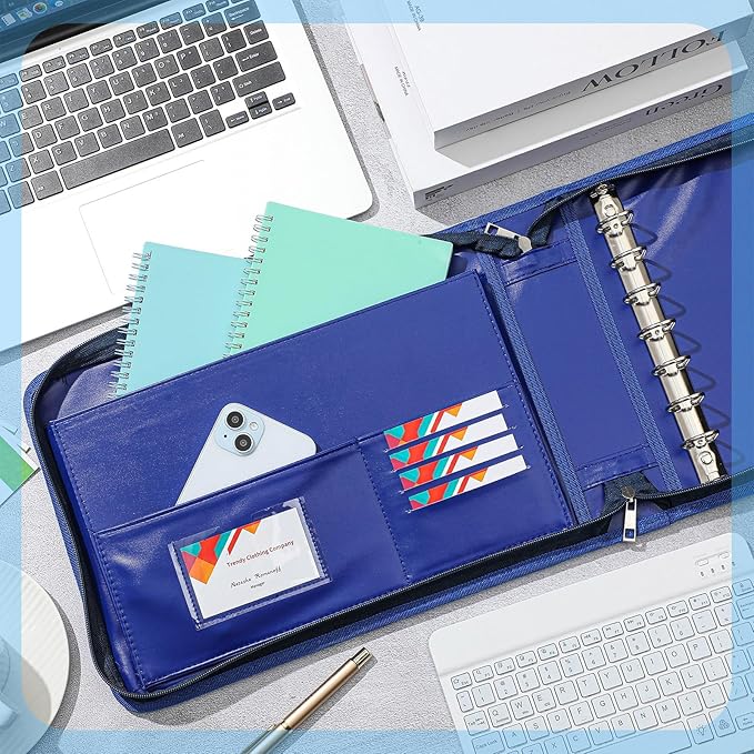 Henoyso 7 Ring Fireproof Business Checkbook Binder with Zipper 1.5 Inch D Rings Check Binder 9 x 13 Inch Checks 600 Sheets Capacity Built in Storage Organizer for Office Storage(Dark Blue)