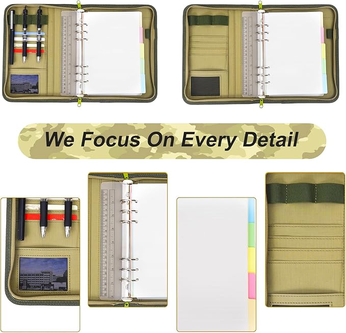 Army Military Padfolio Ring Binder with Zippered Portfolio Organizer and Tactical Notebook Cover for A5 Folder, Small OCP Binder Planner for Men, 6 Ring Binder Organizer Military Notebook Cover(Multi)