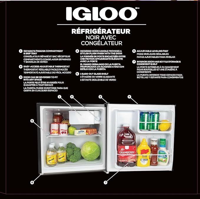 Igloo 1.6 Cu.Ft. Compact Refrigerator - Adjustable Thermostat, Glass Shelves, Includes Scraper, Ice Cube Freezer Drip Tray - Black