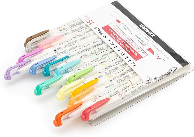 Zebra Pen Mildliner Double-Ended Brush Marker, Paint Brush-Like Tip and Fine Tip Marker Pen, Ideal for Creating Thick or Thin Strokes, No Bleed, Assorted Soft Colors, 15-Pack (79115)