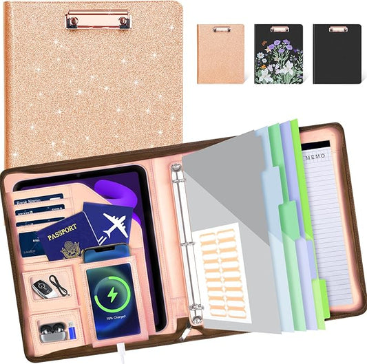 Leather Padfolio Portfolio with Clipboard Storage, Removable 3 Ring Binder 1 Inch Zipper Binder, Document Organizer for Women Men with Notepad, 5 Pocket Dividers, Pen Holder, Rose Gold