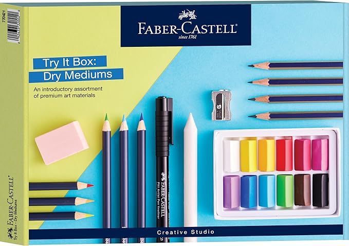 Faber-Castell Try It Box: Dry Mediums, 26 Piece Sketching Coloring Art Set with Colored Pencils, Graphite Pencils, Pastels, Pitt Artist Pen and Art Tools