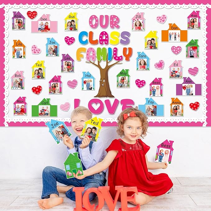 Valentine's Day Classroom Bulletin Board Decor Set with 3D Paper Photo Frame House Pink Red Heart Paper Cutouts Our Class Family is Love Tree Bulletin Board for Home Office School Classroom Wall Decor
