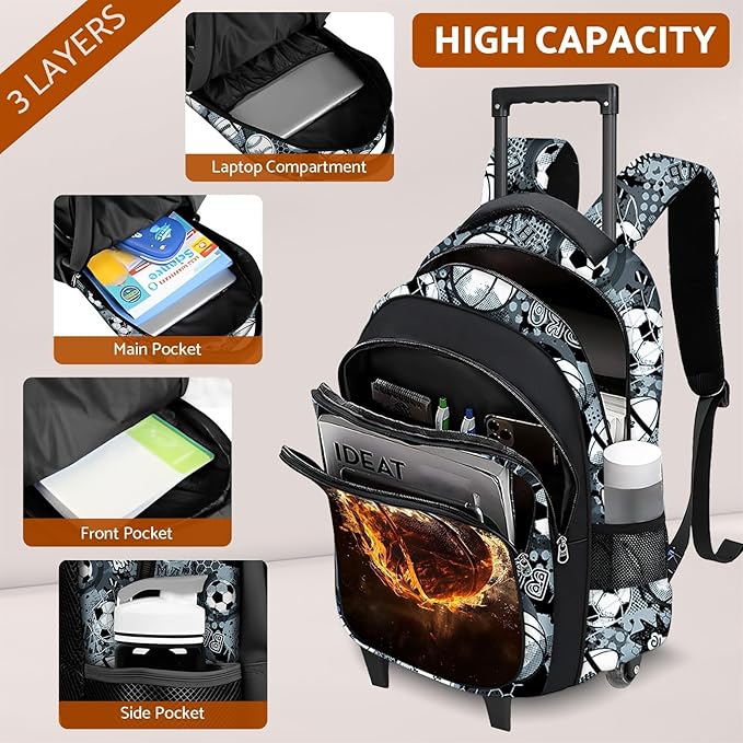 Boys Rolling Backpack for Kids - Basketball Kids Rolling Backpack with Wheels for Elementary Middle School Students - Sport Roller School Bookbag Aged 6-18, Wheeled Travel Bag Large Capacity