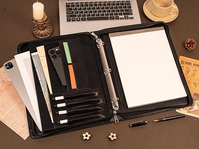 AZXCG Zipper Portfolio Padfolio Binder,3-Ring Padfolio for Women and Men,A4/Letter Size, PU Leather with iPad,Professional Organizer for Resume/Interview