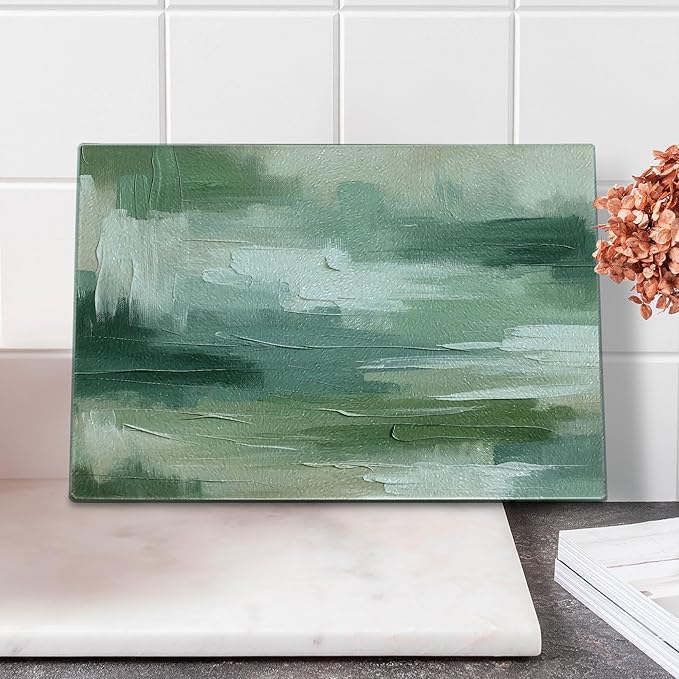 Ambesonne Green Cutting Board, Abstract Design Brush Strokes Look Print with Pastel Tones Celtic Tones, Decorative Tempered Glass Cutting and Serving Board, Small Size, Slate Brown White Teal