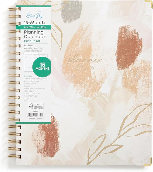 Blue Sky 15 Month Weekly and Monthly Academic Year Planner Calendar, April - June, Hard Cover, Wirebound, Laminated Tabs, Storage Pocket, Includes Snap-in Ruler w/Sticky Notes & Sticker Sheet (Henri- 2025/2026, 8.5" x 11")